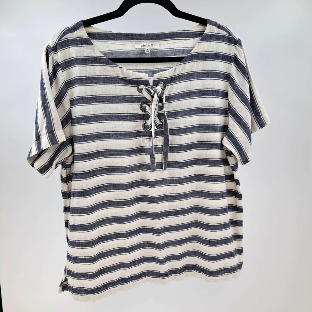 Madewell Top M Striped Lace Up Short Sleeve Linen Blend Boxy Tee Indigo White